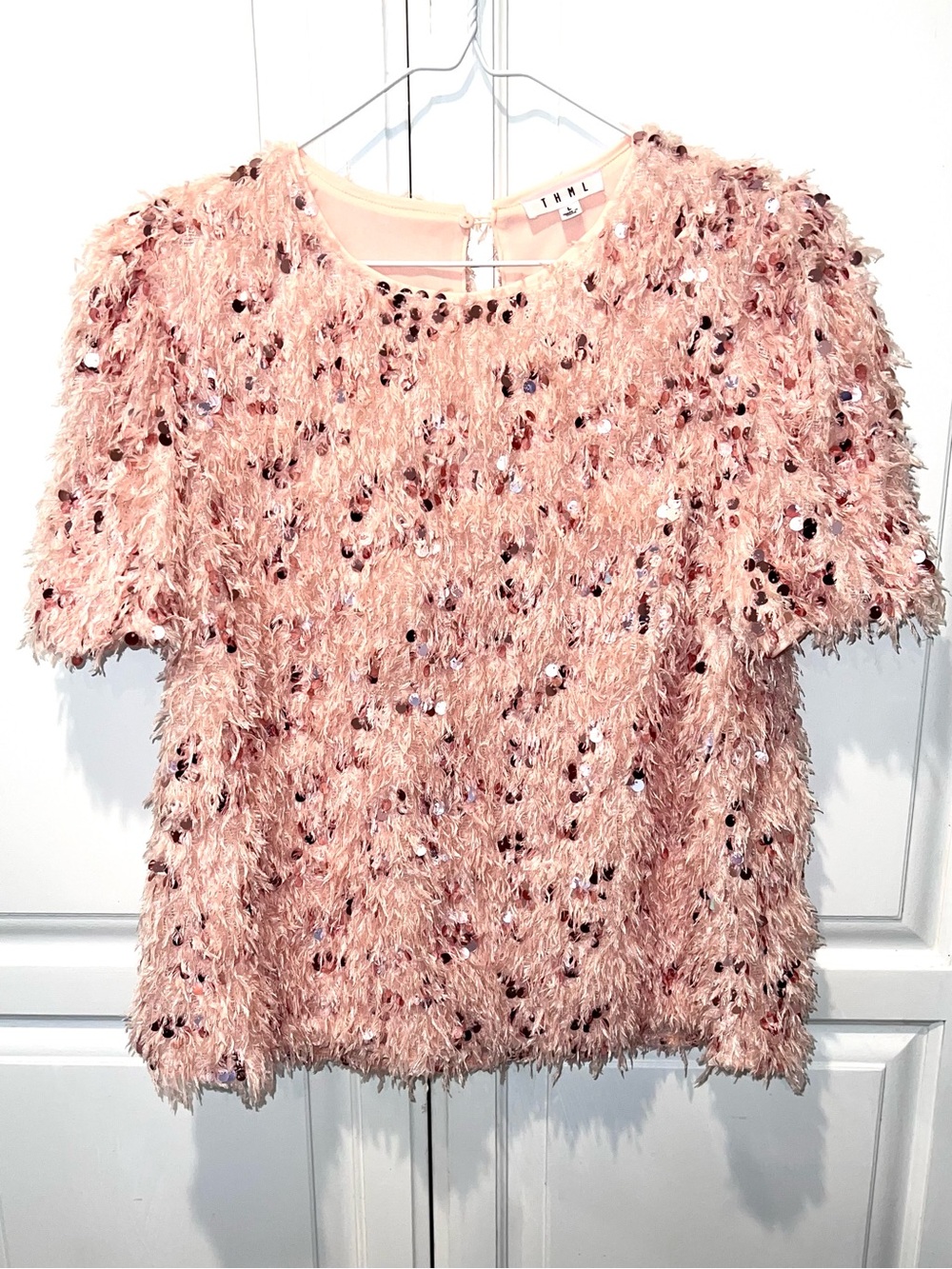 THML Pink Sequin Fringe Feather Textured Party Top Blouse Large - Picture 2 of 9